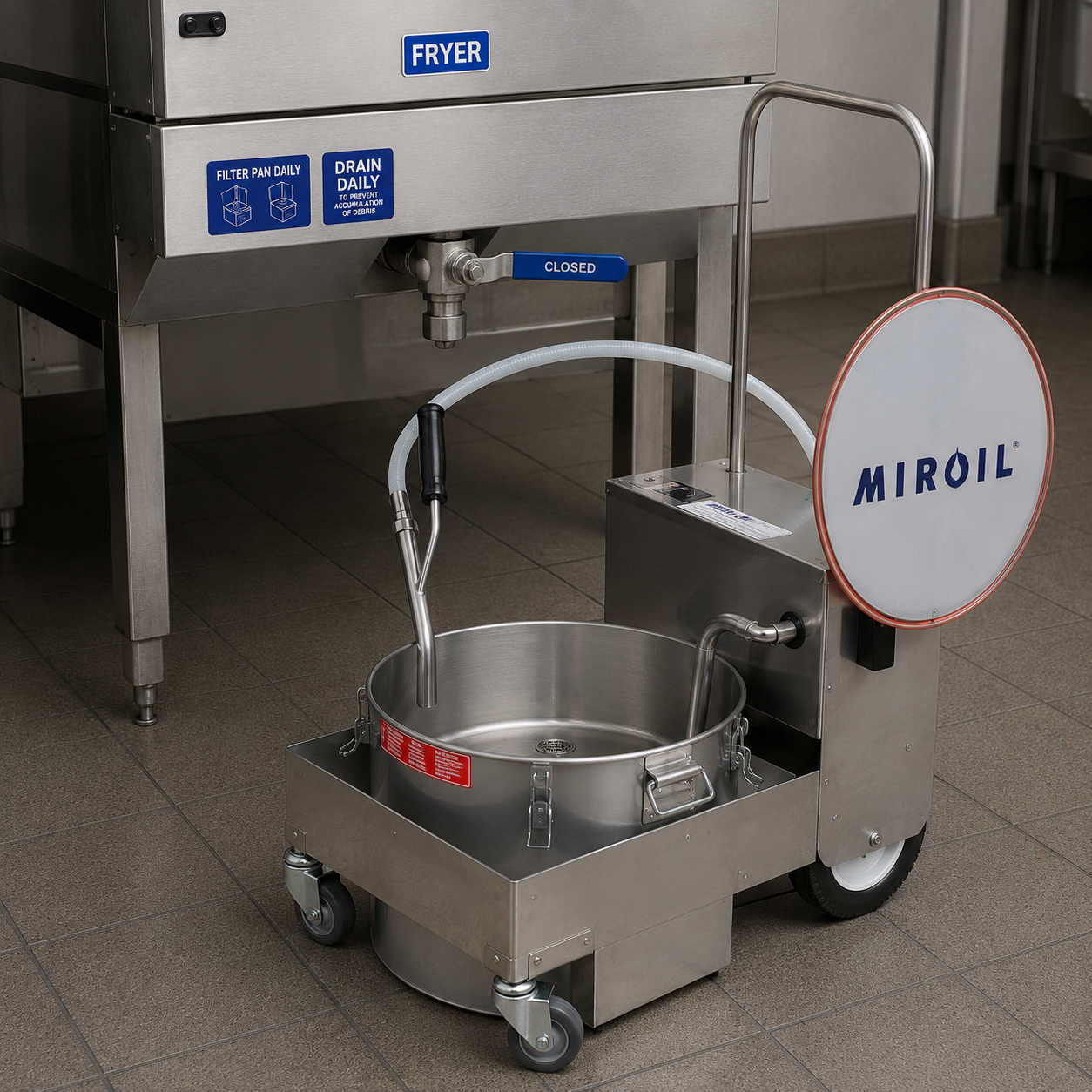 MirOil BD505 electric fryer oil filter machine positioned under fryer drain valve