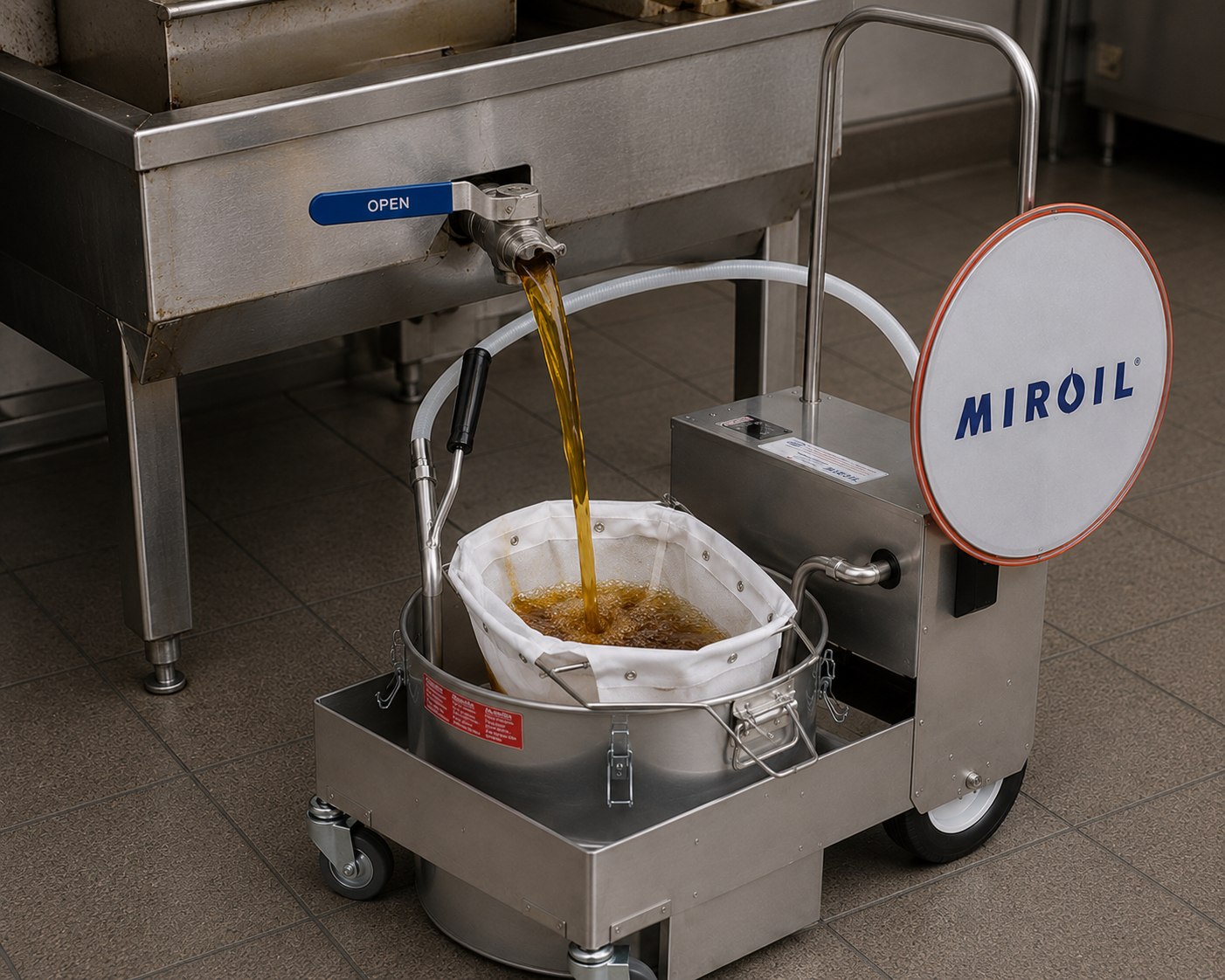 Used fryer oil draining through MirOil filter bag into BD505 trolley