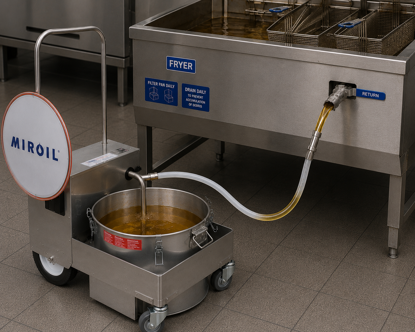 MirOil BD505 pumping filtered fryer oil back into commercial fryer